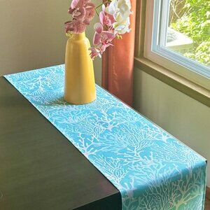 Ocean Blue Coral Oceanic Summer Decor Coastal Beachy 72" Linen Table Runner New